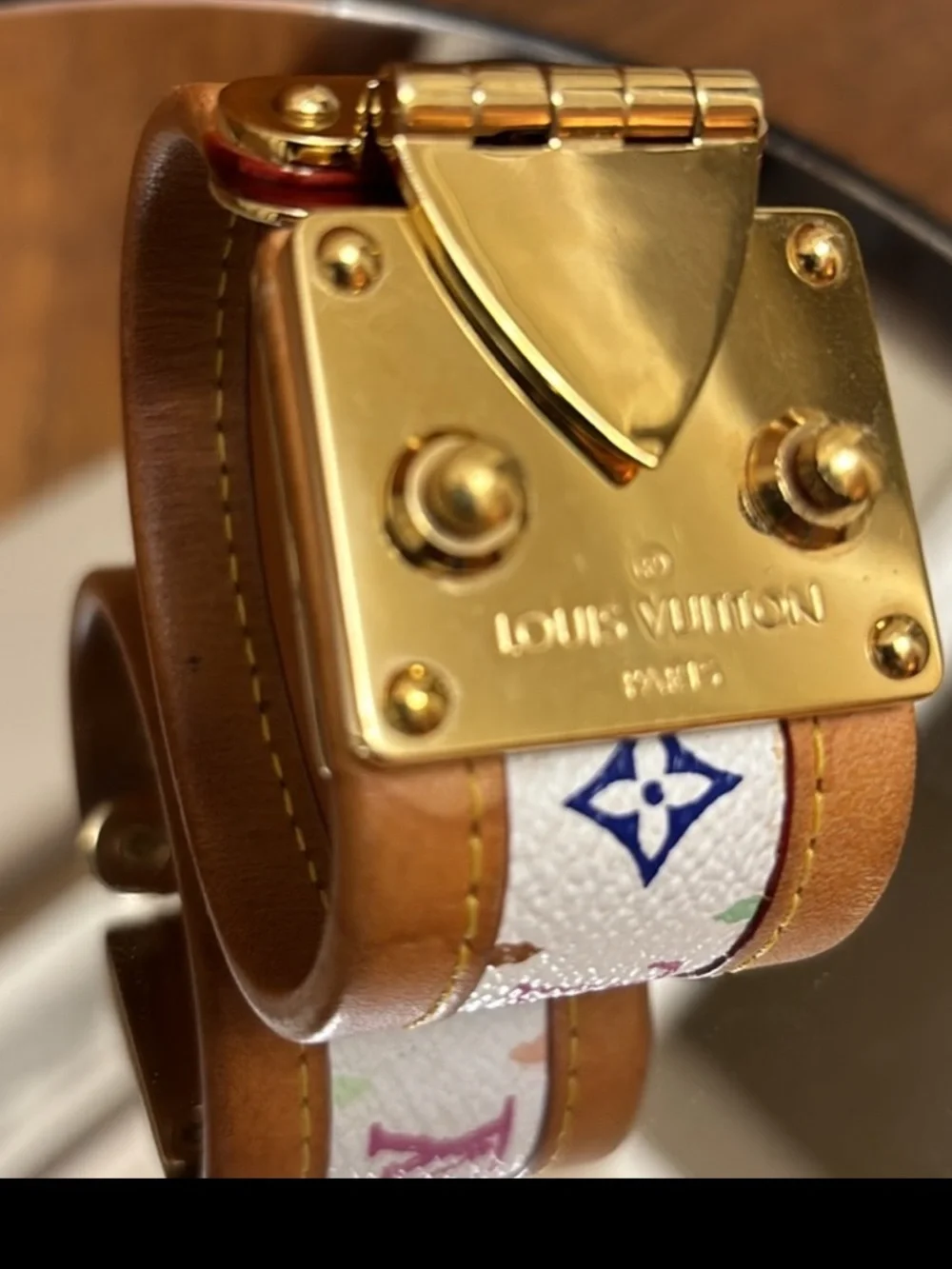 Louis Vuitton White Multicolor Monogram Leather Bracelet with Gold Hardware EUC